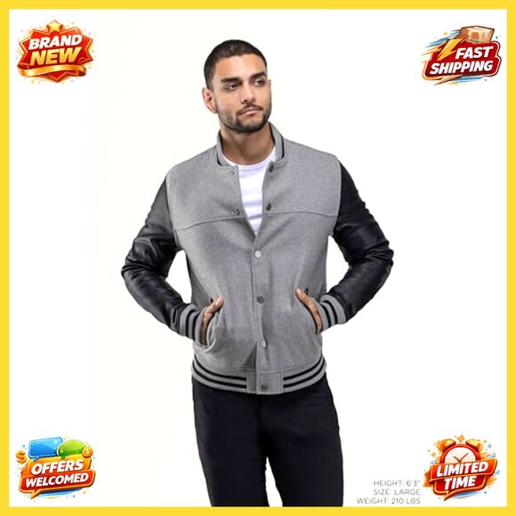 Men's Varsity Bomber Jacket Classic Retro Sporty Casual Lightweight Faux Suede - Picture 2 of 7